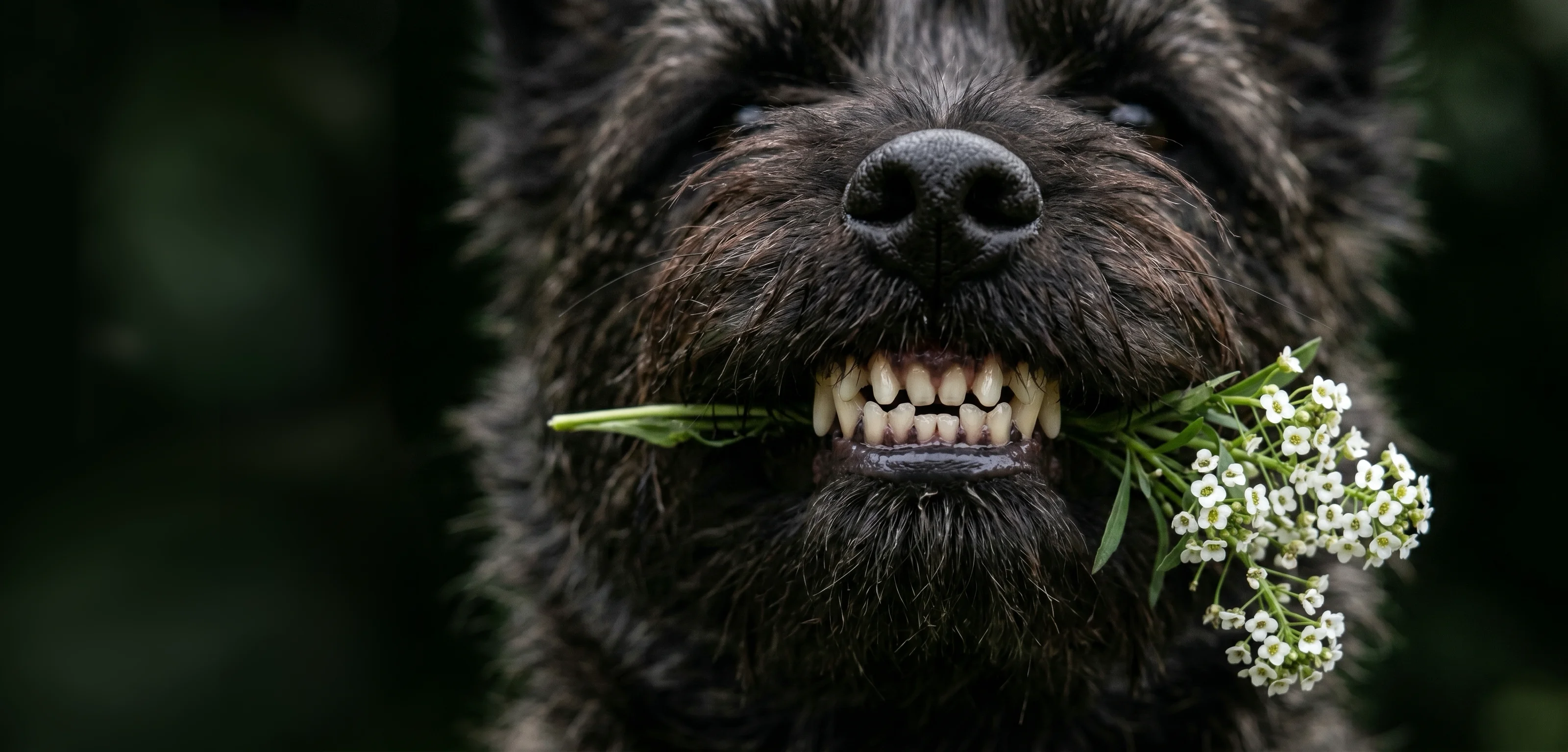 A dog holding flowers in its mouth
